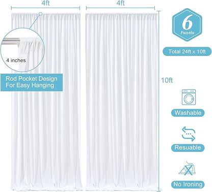 White Backdrop Curtains 6 Panels, 10 Feet Wrinkle-Free Polyester Photography Backdrop Drapes for Wedding Baby Shower Party Background Backdrop Stand- 24 X10FT (White)