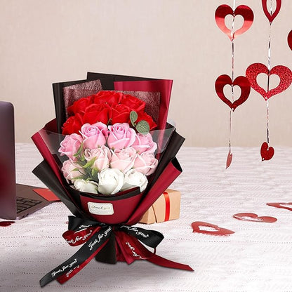 Roses Bouquet Artificial Flower - Preserved Red Rose Flowers with Love Necklace for Her Unique Gift for Birthday, Valentine's Day, Mother's Day, Thanksgiving, Christmas, Anniversary (Pink and Red)