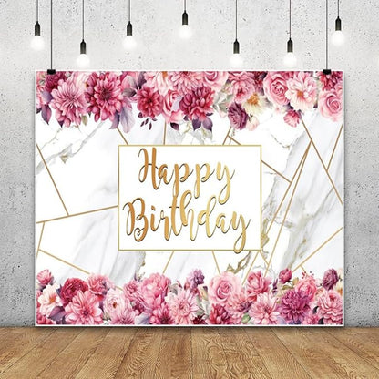 10x8ft Pink Floral Birthday Backdrop Girl Birthday Party Photography Background Watercolor Flower Marble Princess Women Bday Decorations Banner Cake Smash Photo Studio Props