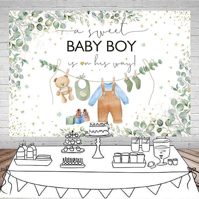 Mocsicka Baby Boy Backdrop for Baby Shower Oh Baby Green Leaves Boy Baby Shower Decorations Floral Watercolor Eucalyptus Golden Dots Cake Table Banner Decor Photo Booth Studio Props(Blue, 7x5ft)