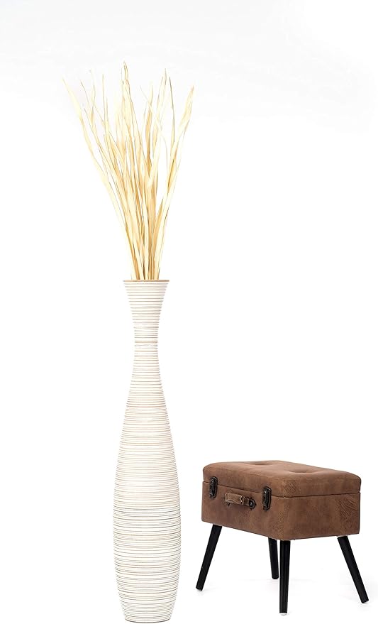 Leewadee Large White Home Decor Floor Vase - Wooden 41 inch Tall Farmhouse Decor Flower Holder for Fake Plant and Pampas Grass