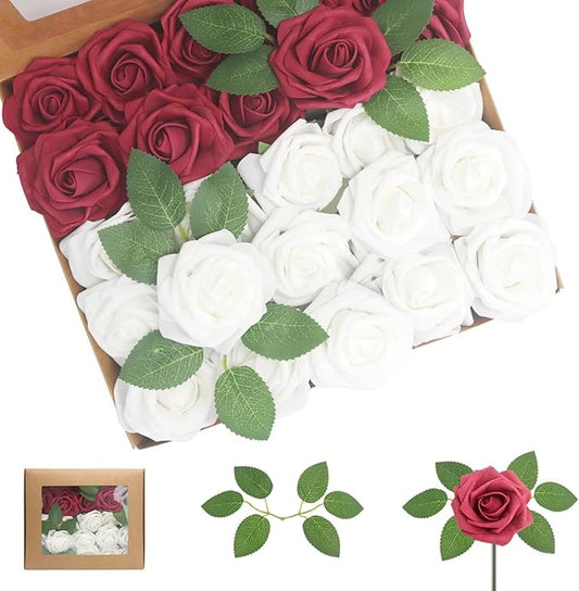 50PCS Artificial Flowers Burgundy and White Roses Real Looking Foam Fake Roses with Leaves for DIY Wedding Bouquets Bridal Shower Party Decorations (Wine red & White, 50)