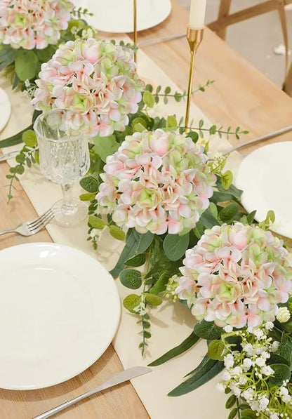 Hollyone Pink Green Silk Hydrangea Artificial Flowers Heads 7.4inch Large Fake Hydrangea 4Pcs Full Faux Flowers with Stems for Wedding Party Table Centerpieces Flower Arrangement Home Decor