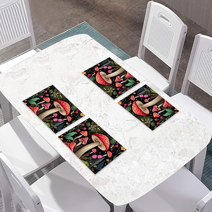 Placemats Set of 4 Waterproof Oilproof Table Mats Mushroom Pattern Washable Wipeable Heat Resistant Easy to Clean for Indoor Outdoor Party Kitchen Dining Table Decoration 12 * 18in