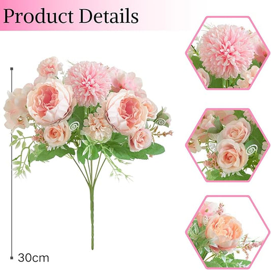ASTRYAS Artificial Flowers, 2PCS Small Silk Flowers for Home Decor Indoor Fake Bouquet Faux Floral Arrangements Dining Table Centerpieces for Kitchen Bridal Wedding Party Decor, Pink
