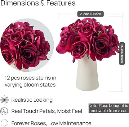 12-Piece Faux Real Touch Rose Bouquet with Ceramic Vase, Fake Flowers in Vase, Artificial Flowers for Home, Wedding, Bridal Bouquet, Party & Dining Table Centerpiece Decor (Burgundy, 10" High)