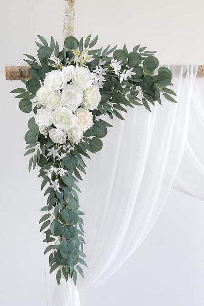 White Artificial Wedding Arch Flowers Kit (Pack of 3) with 26Ft White Shiny Arch Draping Fabric for DIY Wedding Party Ceremony Reception Backdrop Floral Decoration