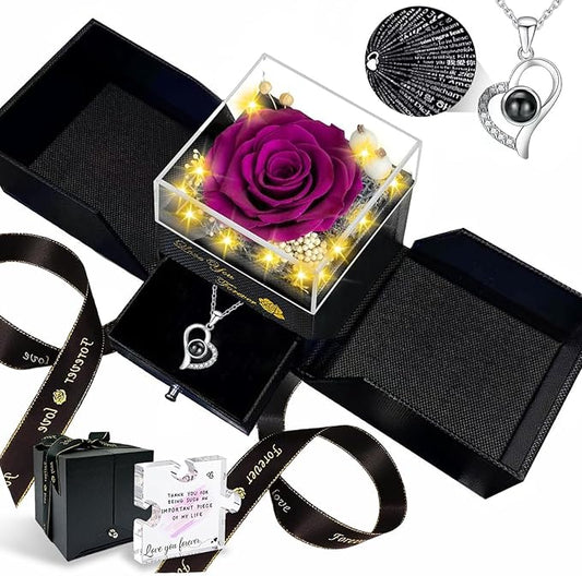 Preserved Real Rose-Eternal Flowers Purple Rose Gifts for Women Her Mom Wife Girlfriend on Valentines Mothers Day with I Love You Necklace 100 Languages Engraved Acrylic Block Puzzle Piece