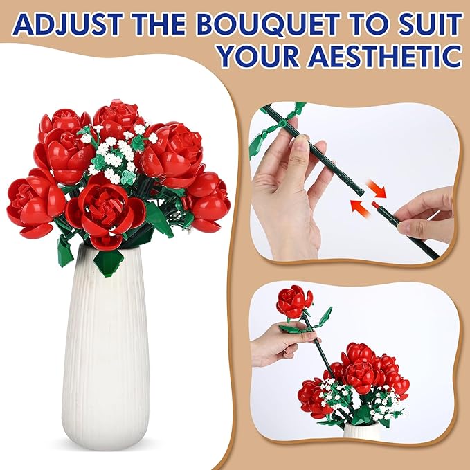 780 PCS Red Rose Building Flower Bouquet Kit for Adults & Kids, DIY Artificial Flowers Set for Home Decor, Desk Display, Gifts for Women, Girls (Red Rose)