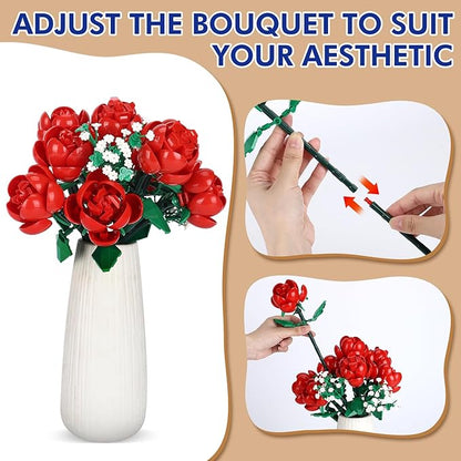780 PCS Red Rose Building Flower Bouquet Kit for Adults & Kids, DIY Artificial Flowers Set for Home Decor, Desk Display, Gifts for Women, Girls (Red Rose)