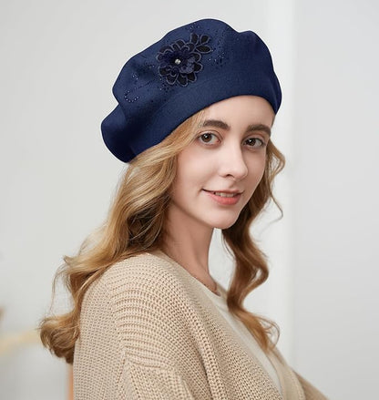 Flower Embroidery Beret Hat for Women, French Style Knitted Beret Hats, Stylish Solid Color Beret Cap for Women Girls Lady