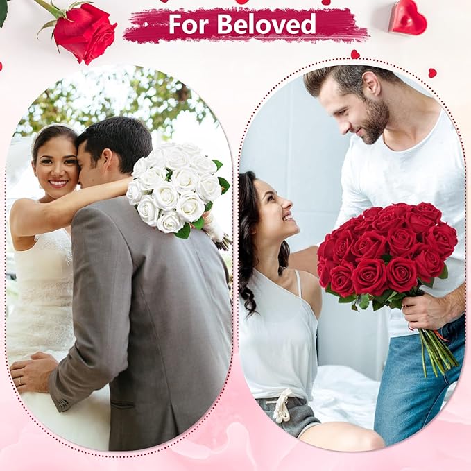 BLEUM CADE 100 Pcs Red Roses Artificial Flowers, Real Touch Velvet Roses Fake Flowers Bulk, Artificial Roses Bouquet with Long Stems Bridal DIY Wedding Party Centerpiece Decorations