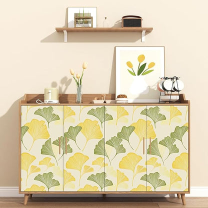 Gingko Wallpaper Peel and Stick, Yellow/Green Leaf Contact Paper, Vintage Autumn Botanical Leaves Wall Paper 17.5" x 118" Self Adhesive Removable Waterproof for Bedroom Shelves Cabinet Drawer Table