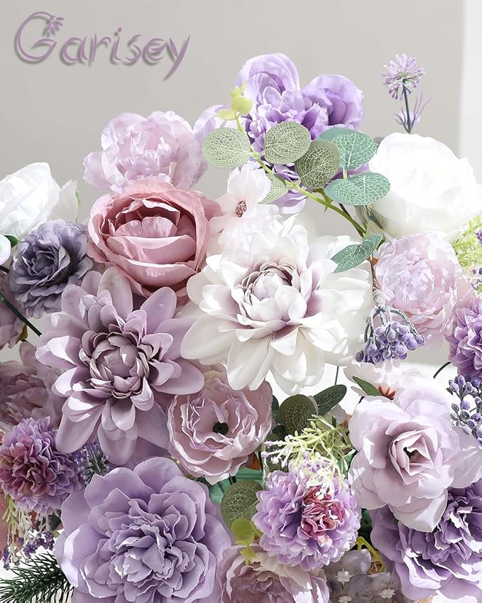 Artificial Flowers Combo Box Set Purple Fake Silk Flower for DIY Wedding Bouquet Arrangements Bridal Shower Party Home Decorations(White Purple Peony)