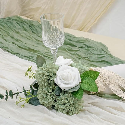 Artificial Flowers, 100pcs Sage Green Artificial Rose for DIY Wedding Bouquets Centerpieces Arrangements, Sage Green and White Dahlia Flowers with Stem for Bridal Shower Party Home Decorations