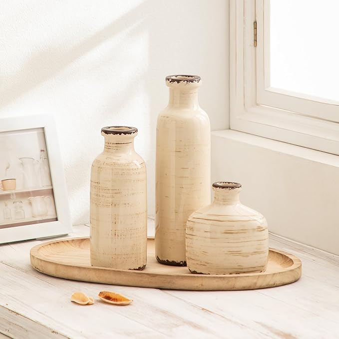 Ceramic Vase Set of 3 White - Ice Creak Bud Vases Set for Flower Centerpieces Decor - Vintage Samll Vase for Pampas Grass - Modern Decoration for Home Farmhouse Table Office, Mini Vase by Lyeec