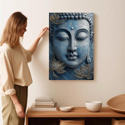 Canvas wall art Golden lotus crown Serene Buddha poster Ethereal blue toned art with delicate floral decor Zen wall art for a tranquil meditation space 32x48in Frameless