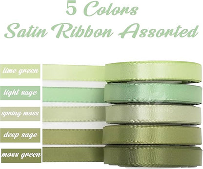 HUIHUANG Sage Green Assorted Satin Ribbon 3/8 inch x 50 Yards - 5 Colors, Perfect for Wedding Decor, Gift Wrapping, Crafts & More