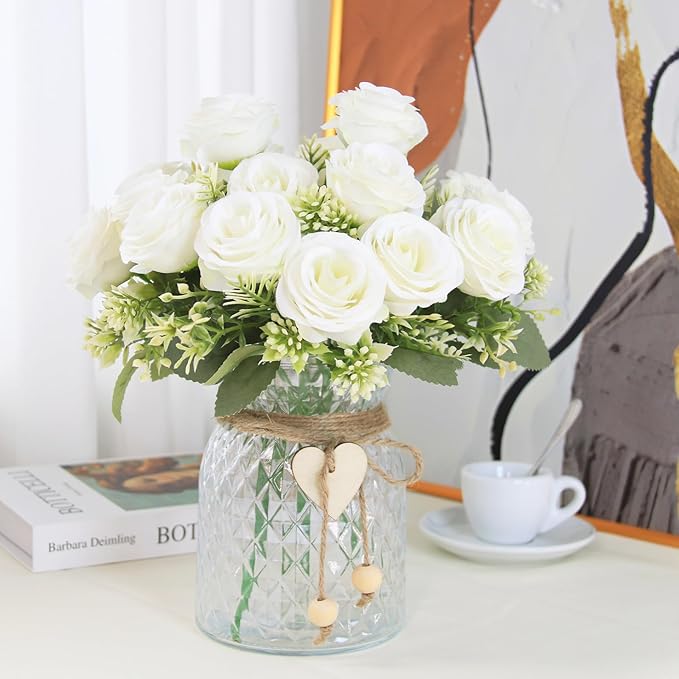 Fake Flowers in Vase,Fake Flowers with Vase 18 Pcs Faux Rose Flowers,Artificial Flowers for Home Decor, Indoor Centerpiece for Living Room & Dining Table (White)