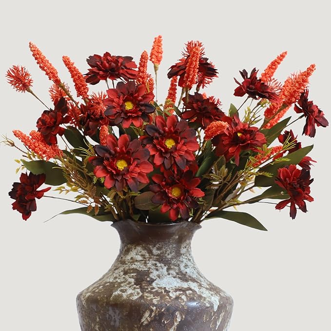 KBREE Artificial Fall Mums Bouquet, 4 Bunches Handmade Faux Daisy Flowers with Grain Stems & Foxtail, 17.7" Natural Farmhouse Mums Bouquets for Autumn Home Decor & Table Centerpieces (Maroon Red)