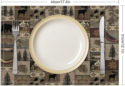Retro Rustic Bears Deers Lodge Placemats Set of 6, Vintage Cabin Country Farmhouse Style Place Mats, Heat Resistant Non Slip Cotton Linen Dining Table Mats for Home Kitchen Party 18x12 Inch