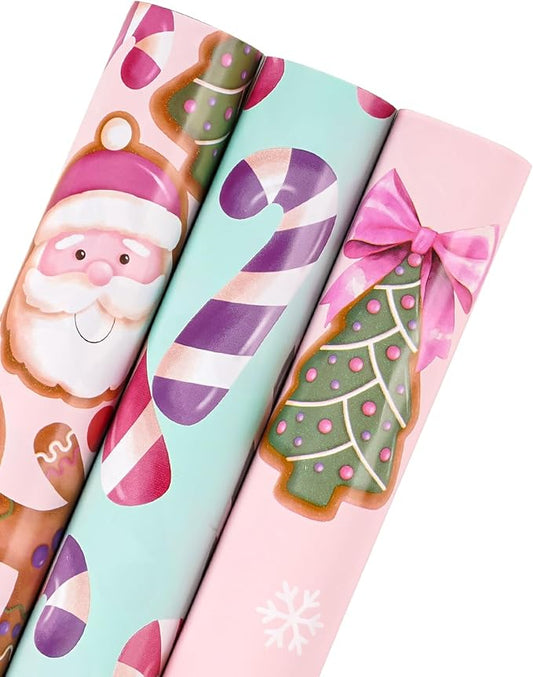 WRAPAHOLIC Christmas Wrapping Paper Roll - Mini Roll - 3 Rolls - 17 Inch x 120 Inch Per Roll - Pink & Blue Gingerbread Wrapping Paper Holiday Collection for Xmas Holiday, Party Celebration