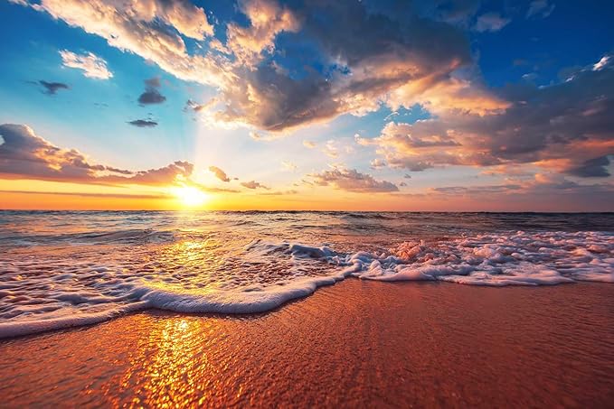 Sunset Over The sea, Blue Sky, White Clouds and sea Water Form a Beautiful Natural Landscape Wallpaper, Large Background Wall murals(Non-self-Adhesive)