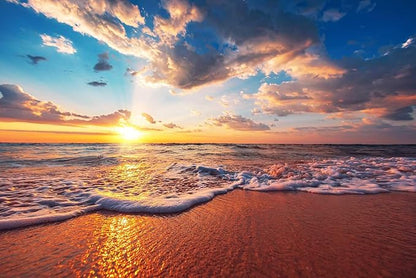 Sunset Over The sea, Blue Sky, White Clouds and sea Water Form a Beautiful Natural Landscape Wallpaper, Large Background Wall murals(Non-self-Adhesive)