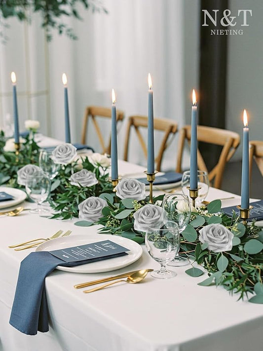 N&T NIETING Artificial Flowers, 50pcs Fake Flowers Roses with Stem for DIY Wedding Bouquets Centerpieces Bridal Shower Party Home Decoration, Silver White