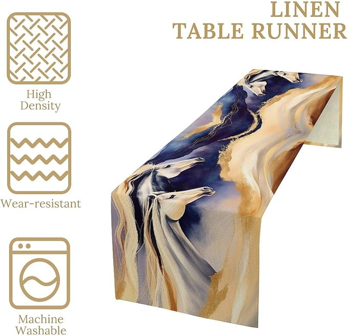 Marble Horse Table Runner, Dark Blue Gold Marble Abstract Horses Gold Natural Liquid Texture Dinner Runner Table Decoration for Home Kitchen Dining Holiday Party 13x36in