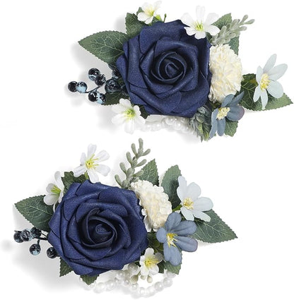 Serwalin 2Pcs Dark Blue Wrist Corsage for Wedding, Corsages Wristlet for Bridesmaid Mother Grandmother, Artificial Flowers for Prom Ceremony Anniversary
