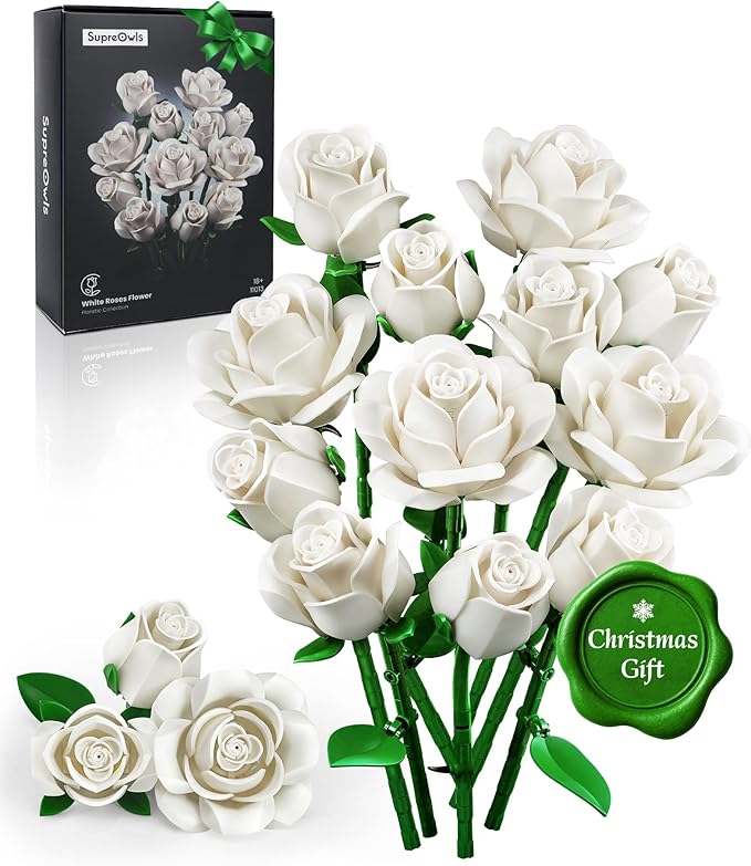 iATOM White Rose Bouquet Building Set, Wedding Artificial Flowers Botanical Collection for Adults Women, Gift for Christmas & Valentines Day - Home Office Table Centerpiece Decor - IA11013