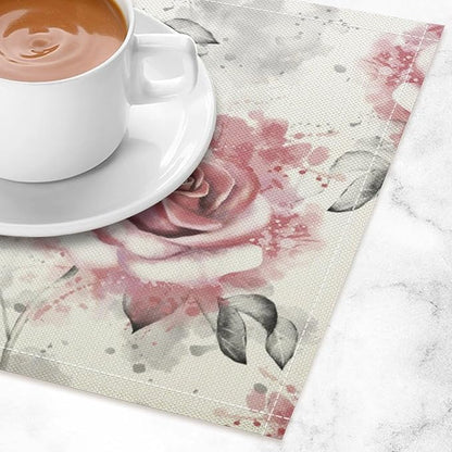 Rose Placemats Set of 8, 17x12 Inch Vintage Romantic Floral Pink Rose Gray Leaf White Table Mats for Home Party Kitchen Dining Decor
