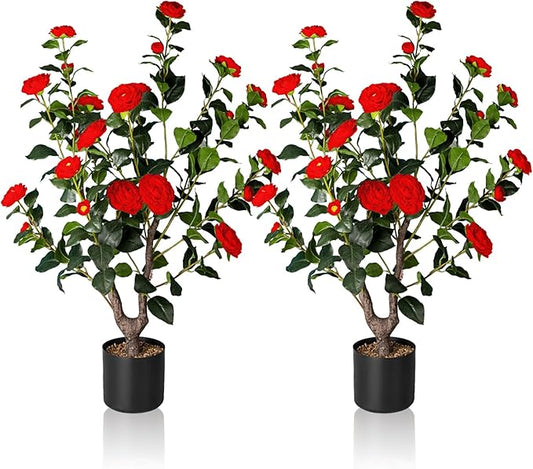 Artificial Camellia Tree,2Pack 3FT Faux Red Camellia Plants in Pots,Lifelike Artificial Flower Trees for Indoor Outdoor Home Decor,Realistic Blooming Faux Plants for Living Room Porch Patio Office