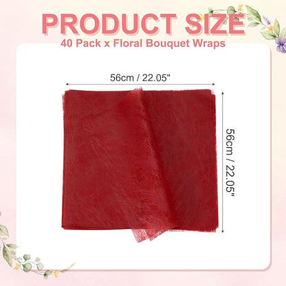 YELARXI Flower Wrapping Paper, Cotton Wrapping Flower Paper, Non-Woven Waterproof Floral Bouquet Wraps - Fitting for (Florist Supplies/Gift) 22 x 22 Inch & 40 Pack & Red