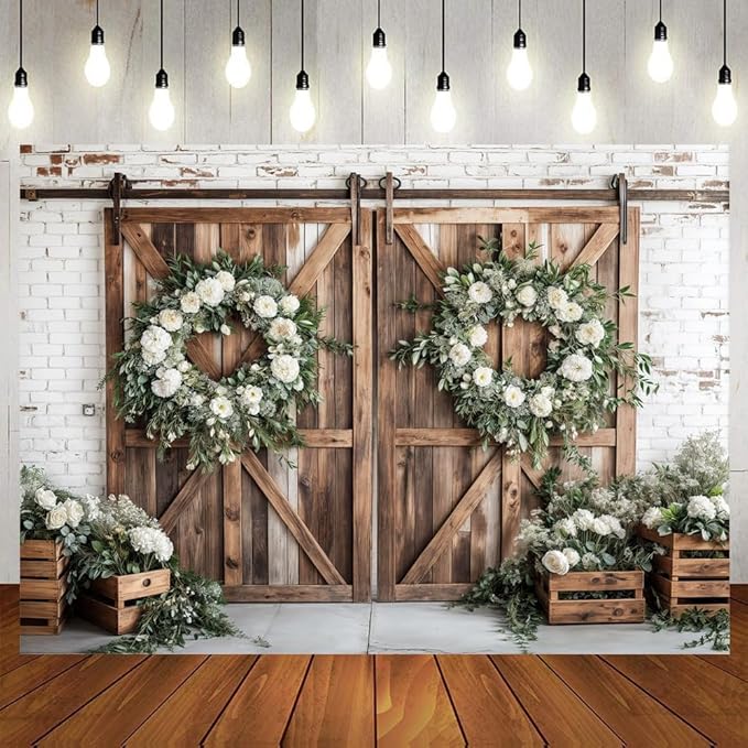 Rustic Barn Door Photography Backdrops, White Flower Wood Brown Barn Door Backdrop, Wedding Birthday Party Decors Photo Booth Props 15x10ft