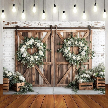Rustic Barn Door Photography Backdrops, White Flower Wood Brown Barn Door Backdrop, Wedding Birthday Party Decors Photo Booth Props 5x3ft