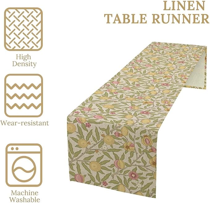 Vintage William Morris Table Runner, Yellow Lemon Fruit Peach Plant Boho Farmhouse Decor Table Runner for Kitchen Dining Home Party, 13x70 Inch