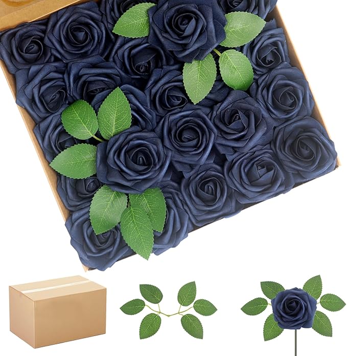 200PCS Navy Blue Artificial Flowers Roses Real Looking Foam Fake Roses with Leaves and for DIY Wedding Bouquets Bridal Shower Centerpieces Party Decorations (Navy Blue, 200)