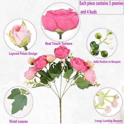 Peonies Artificial Flowers 12 Bundles Pink Flowers Bouquet, Lifelike Silk Fake Peonies with Stems for Home Table Centerpieces, Wedding, Party & DIY Bridal Floral Arrangements (Rose red + Pink)