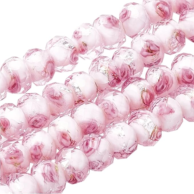 PH PandaHall 70pcs 6~8mm Rose Lampwork Beads Silver Foil Glass Beads Flower Glass Beads Floral Handmade Lampwork Beads Round Loose Beads for Rosary Making Jewelry Craft Making 2mm Hole - Sliver Pink