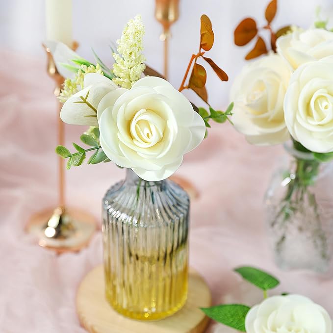 Meldel Artificial Flower 25pcs Real Touch Beige Rose Fake Foam Roses with Stems for DIY Wedding Bouquets Gifts Bridal Shower Faux Floral Centerpieces Arrangements Home Party Tables Decorations