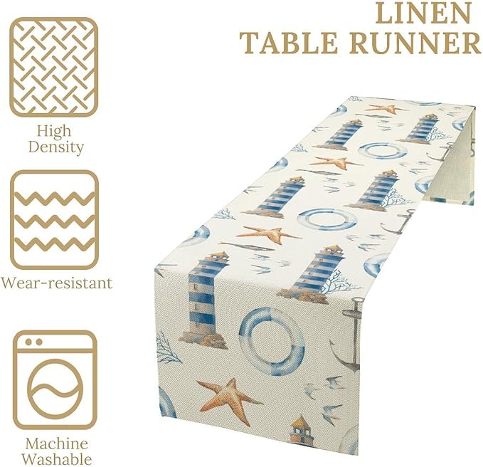 Blue Beach Table Runner, Tropical Ocean Coast Table Runner, Seashell Seasonal Nautical Restaurant Coffee Table Decorations for Home Holiday Party Indoor Outdoor 13x60 Inch