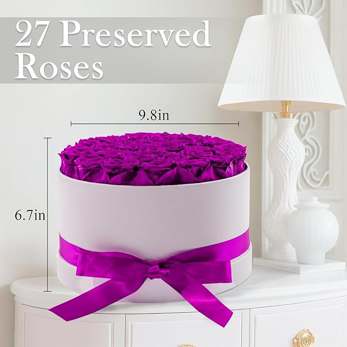 27 Forever Roses in Luxury White Box, Eternal Real Roses Gift for Women, Preserved Flowers for Delivery Prime, Anniversary, Valentine's Day, Birthday for Her (Purple)