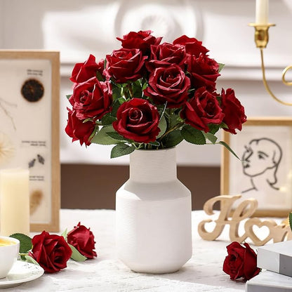 Jexine 60 PCS Artificial Roses Bulk Silk Flowers with Long Stems, Realistic Faux Rose Bouquet for Wedding Centerpieces, Valentine’s Party, Home Decor(Burgundy)