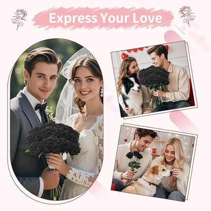 52 PCS Black Roses Artificial Flowers, Fake Roses Bouquet, Artificial Black Rose with Stems for Wedding Flowers Decoration, Valentines Day Mothers Day, Bridal Bouquet Rose