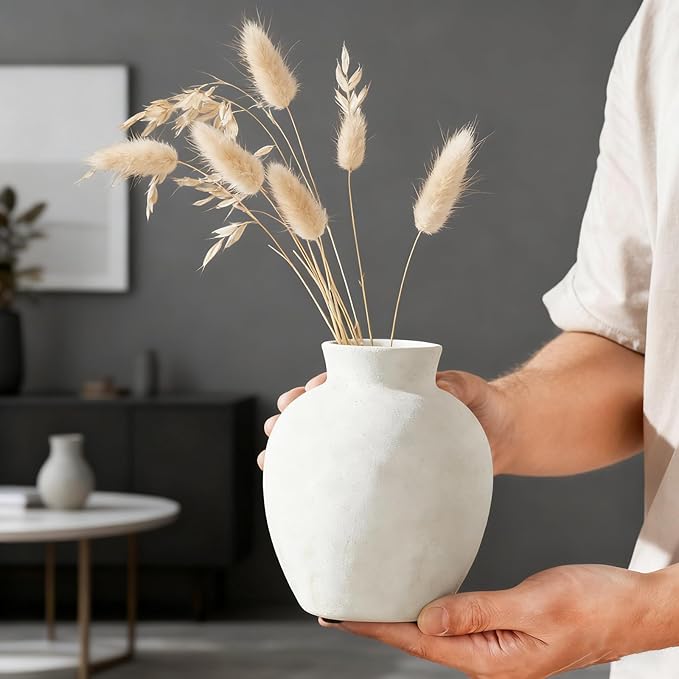 6.1 Inch White Ceramic Vase，Rustic Bohemian Terracotta Vase,Wabi-Sabi Style, Handmade Farmhouse Vase,Suitable for Home décor, Tables, Living Rooms, entryways, Fireplace Decorations, and Weddings