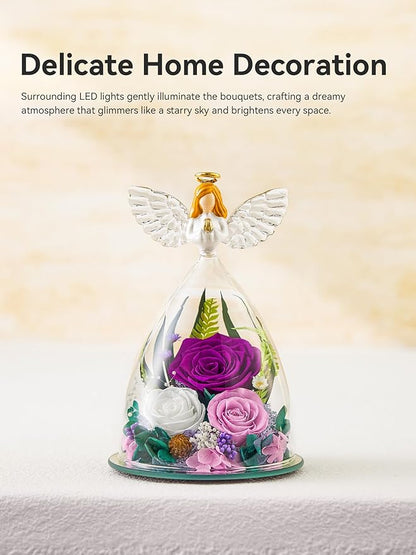 Gifts for Women Forever Flowers Preserved Rose in Glass Angel Figurine Real Colorful Roses Birthday Gifts for Her Grandma Sister Daughter Wife, Purple