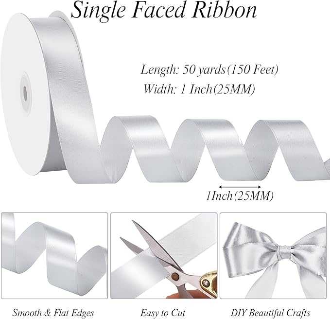Silver Ribbon 1 Inch 50 Yards Gift Wrapping Ribbon for Crafts Hair Bows Making Wedding Holiday Decorations Thanksgiving Christmas