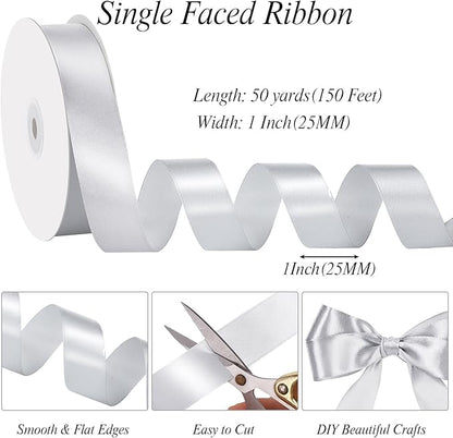 Silver Ribbon 1 Inch 50 Yards Gift Wrapping Ribbon for Crafts Hair Bows Making Wedding Holiday Decorations Thanksgiving Christmas